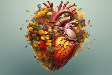 Aufkleber - A creative illustration of a human heart intertwined with elements of nature, such as flowers and vines. Generative AI technology.