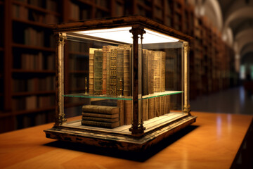 Aufkleber - A photograph of an open old book displayed in a glass case within a prestigious library. Generative AI technology.