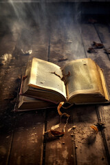 Aufkleber - An image of an open ancient book left abandoned on a weathered wooden table, covered in a layer of dust.. Generative AI technology.