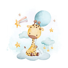 Watercolor Illustration Baby Giraffe And Balloon Sits On Cloud With Stars