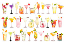 Collection Of Cocktails. Summer Refreshing Drinks With Various Fruits And Berries. Vector Illustration.
