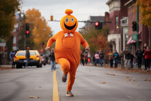 Character Dressed As A Pumpkin Runs Down The Street With A Marathon. Generative AI. 