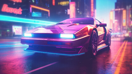 Wall Mural - Sport car driving at high speed city, neon light 