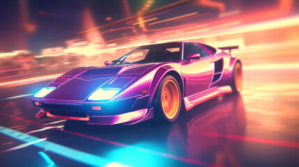 Wall Mural - Sport car driving at high speed city, neon light 