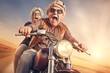 An elderly couple of pensioners ride a motorcycle on the roads of Europe. Emotions of delight on the faces. Generative AI