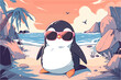 A cool penguin chilling at the beach with trendy dark sunglasses