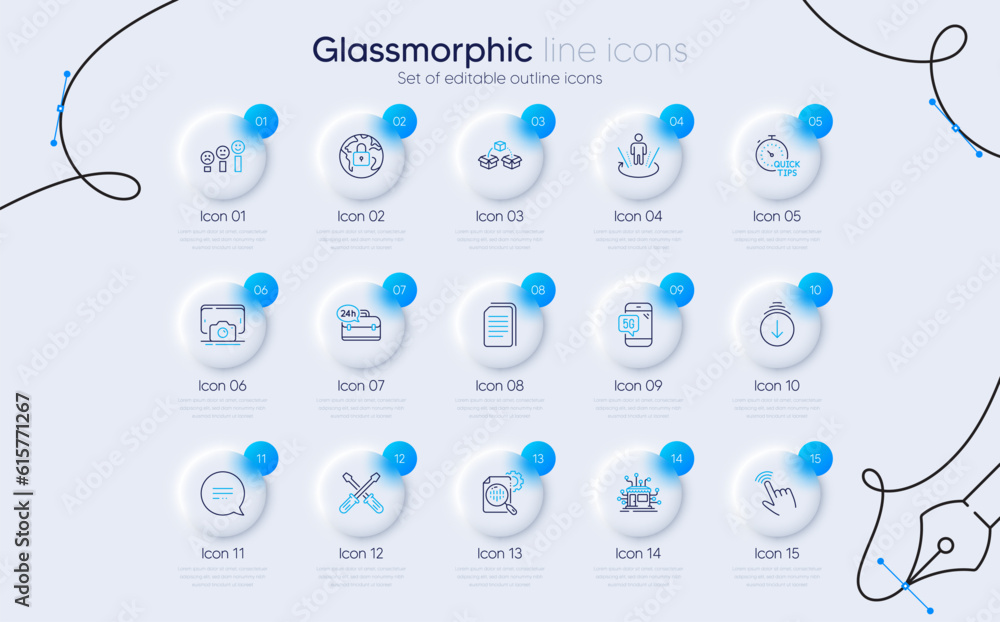 Set of Parcel shipping, 24h service and Scroll down line icons for web ...