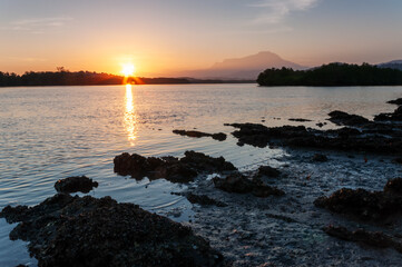 Wall Mural - Sunrise over Mt Kinabalu and Mengkabong Gayang river Sabah Borneo Malaysia