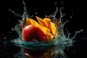 Wall Mural - A delicious ripe cut orange mango in bursts of clear water. Shot in motion, splashes and drops of water isolated against a black background. Generative AI professional photo imitation.