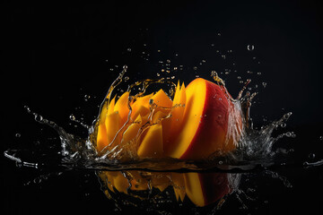 Wall Mural - A delicious ripe cut orange mango in bursts of clear water. Shot in motion, splashes of water isolated on flat black background. Generative AI professional photo imitation.