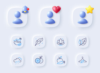 Orange, Salad and Apple carrot line icons. Placeholder with 3d bell, star, heart. Pack of Leaf, Slow fashion, Feather icon. Lotus, Rainy weather pictogram. For web app, printing. Vector