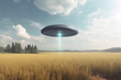 A flying saucer floats in the cloudy blue sky over a field on a cloudy day. A UFO hovered over a field, nobody. Generative AI photo imitation.