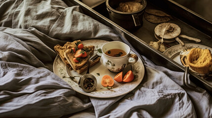 food on a bed with a tray full of muffins and coffee in the image is taken from above