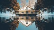 Imprint of the house on the water. Upside down house. Generative AI