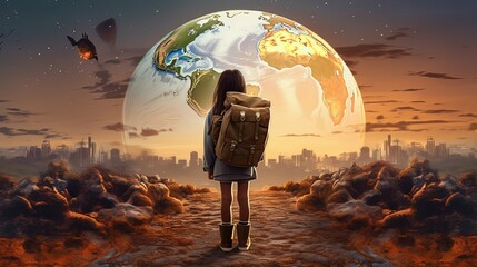  a girl walking on dirt road with earth planet on background, Generative Ai