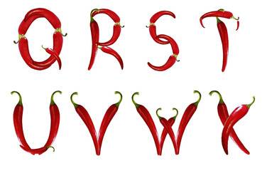 Edible alphabet made from hot, chili peppers. Letters Q, R, S, T, U, V, W, X isolated on white background