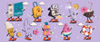  Set of summer travel retro  patches, pins, stamps or stickers walking funny cute comic characters. Different seasonal elements. Suitcase, ice cream, cocktail, passport, watermelon, ticket, camera	