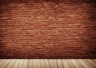 Empty wood floor and brick wall for vintage wallpaper, with copy space, AI generated image.