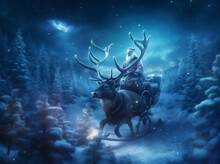 Claus Gift Sleigh Santa Night Reindeer Claus Holiday Winter December Christmas. Generative AI.