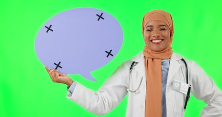 Sticker - Muslim woman, doctor and pointing to speech bubble on green screen against a studio background. Portrait of female medical or healthcare professional point for social media, chat or message on mockup