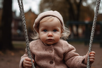 Baby on a swing in a playground. Fictional person. Generative AI