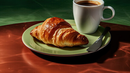 Wall Mural - a croise on a green plate with a cup of coffee in the background and a spoon next to it