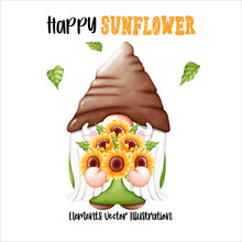 Gnome Sunflower Element Watercolor Vector File ,Clipart Cute Cartoon Vintage-Retro Style For Banner, Poster, Card, T Shirt, Sticker