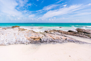 Wall Mural - Cancun Mexico beautiful caribbean sea on a sunny day and cloudy sky. Exotic Paradise. Travel, Tourism and Vacations Concept. Tropical Resort.