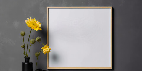 Wall Mural - Floral mockup, empty blank with flowers. Template for birthday celebration, wedding invitation, banner, cosmetics or spa ads. Copy space.Summer flower composition.Top view. Flat Lay.Generative ai