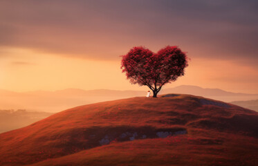  Heart shaped red tree on the field, Generative AI
