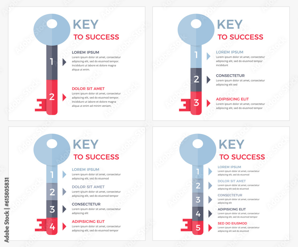 Key to success - set of infographic templates with key divided on ...