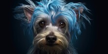 Dog With A Blue Shaggy Hairstyle, Concept Of Fashionable Pet Grooming, Created With Generative AI Technology