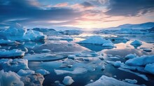 Sunset Over The Arctic Landscape With Frozen Glaciers