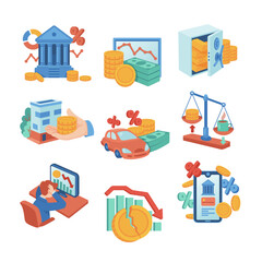 Wall Mural - Business, economy or bank elements vector illustrations set. Collection of drawings of gold coins, banknotes, falling profit, price increase, upset businessman. Inflation, banking, economy concept