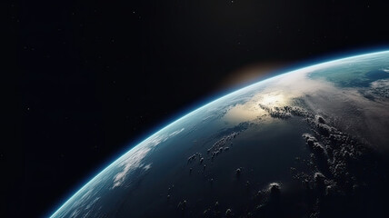 Wall Mural - space planet earth left semicircle shot with blue atmosfera around and light peeking out. universe s