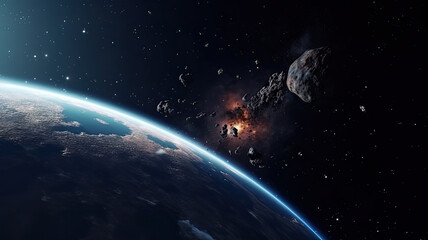 Wall Mural - space planet earth surface shot with meteorites and an explosion in the background. universe science