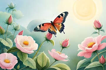 Wall Mural - Butterflies sucking juice of flowers