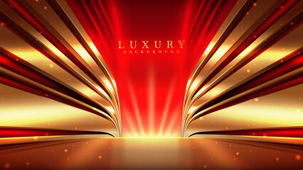 Wall Mural - elegant red stage with golden curves with light and bokeh effect decoration. luxury stage design con