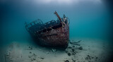 Fototapeta Do akwarium - amazing rusty sunken ship under the sea in the depths