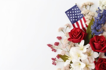 4th of July American Independence Day. Happy Independence Day. Red, blue and white star confetti, paper decorations on white background. Flat lay,