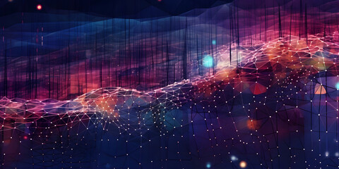 Wall Mural - blue to pink abstract background with a network grid and particles connected. technology concept.