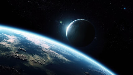 Wall Mural - beautiful planet surface shot with a half-lit planet in the background. universe science astronomy s