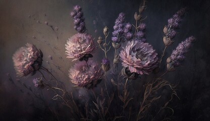 Wall Mural - Generative AI, Close up of blooming flowerbeds of amazing lavender purple flowers on dark moody floral textured background. Photorealistic effect...