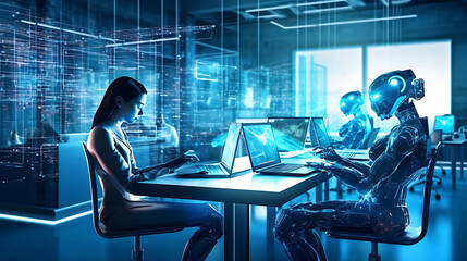 Cyborg woman with laptop and tablet in office 3d rendering AI Generative