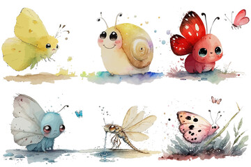 Aufkleber - Safari Animal set snail, dragonfly, blue, yellow, pink and red butterfly in watercolor style. Isolated vector illustration