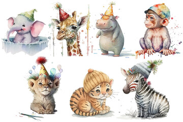 Poster - Safari Animal set Elephant, zebra, monkey, hippopotamus, lion, giraffe, tiger with a festive cap on his head in watercolor style. Isolated vector illustration