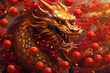 golden dragon and red chinese lanterns. ai generative