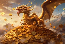 Golden Dragon And A Mountain Of Golden Coins. Ai Generative