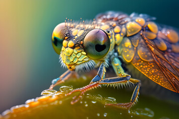 close-up macro shot of a dragonfly, close-up dragonfly in dew drops, generative ai