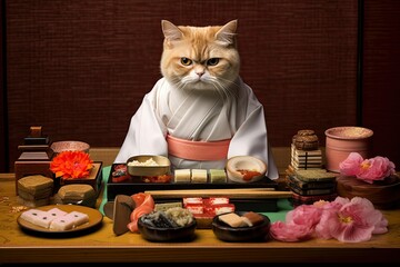 Wall Mural - cat as a sushi chef, fantasy illustration, generated with ai